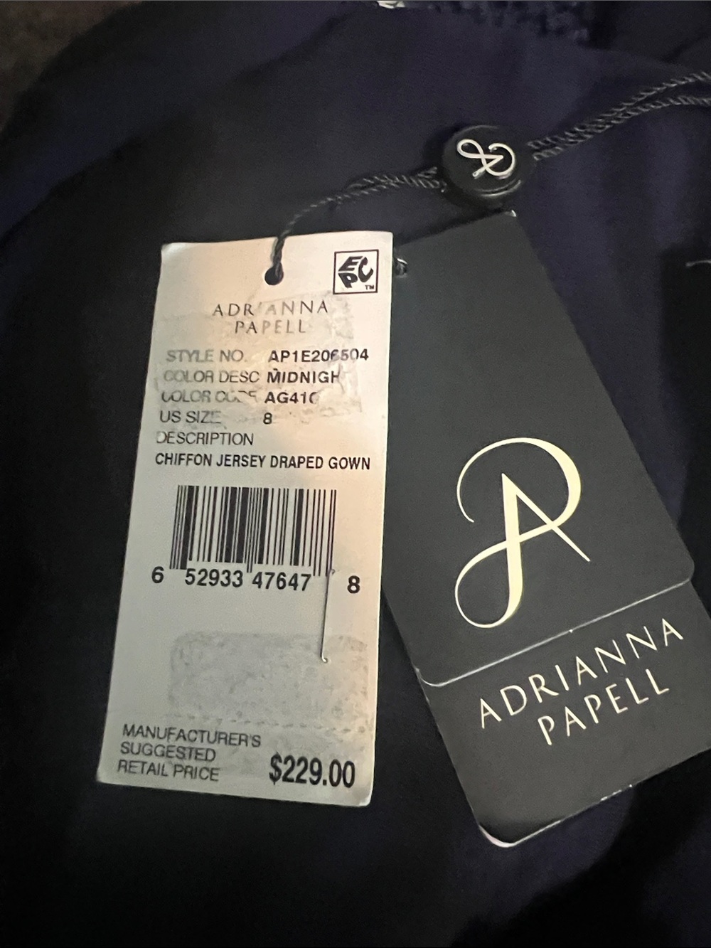 Adrianna Papell Size 8 Navy Blue Chiffon Full Length Draped Gown Slitted…